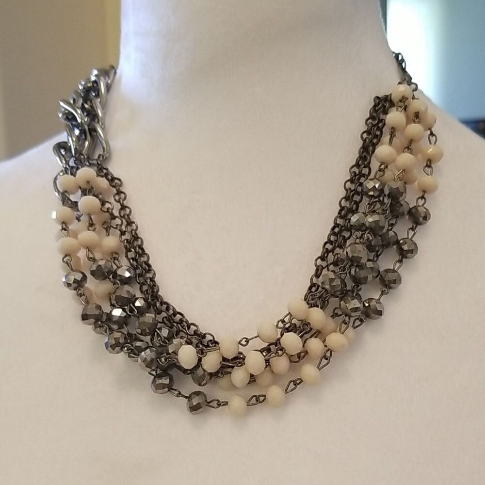 Ann Taylor Style Multi-Strand Cream Beaded Necklace Silver Tone Chunky Statement